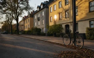 Bostadshus på svensk gata i eftermiddagsljus, symbol för bolån och boräntor