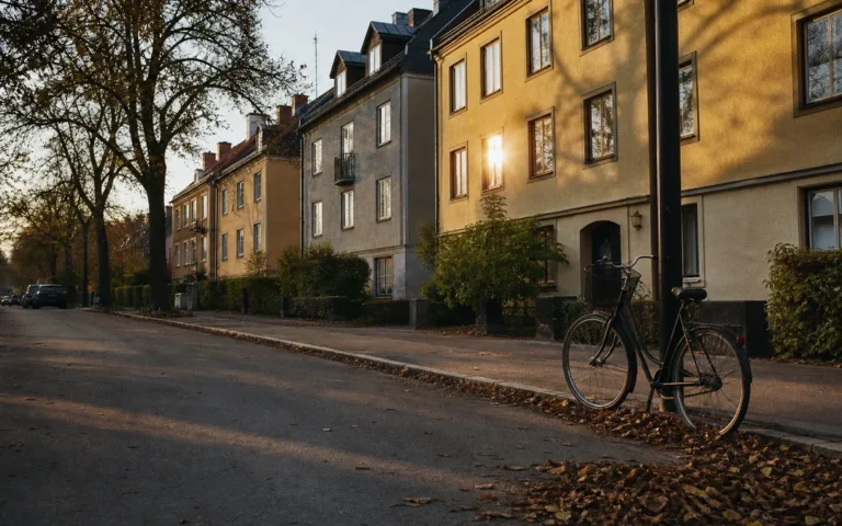 Bostadshus på svensk gata i eftermiddagsljus, symbol för bolån och boräntor