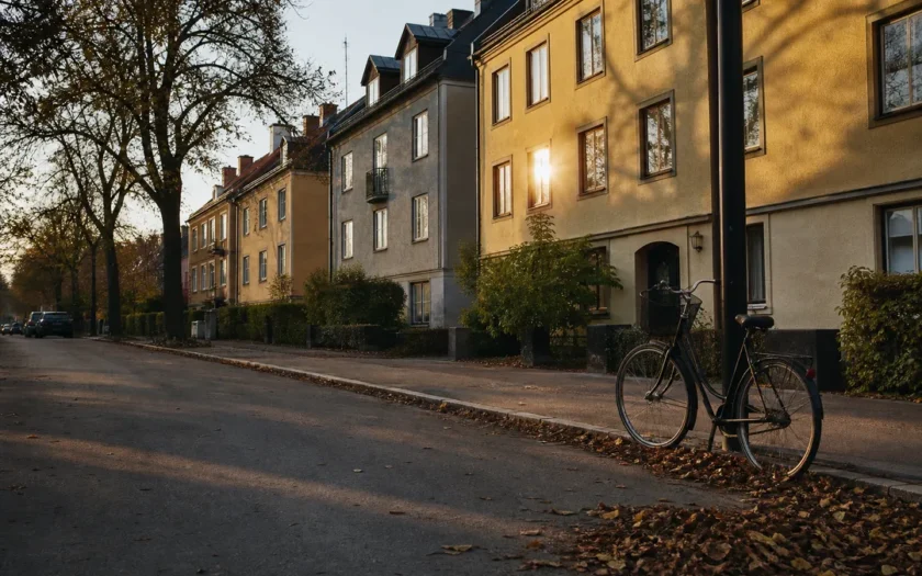 Bostadshus på svensk gata i eftermiddagsljus, symbol för bolån och boräntor