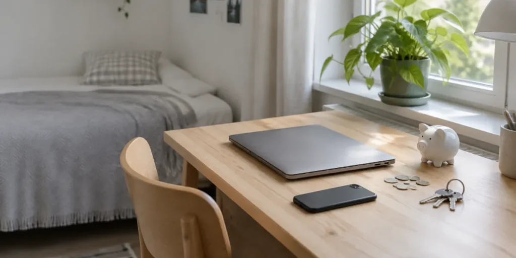 Ljust studentrum med skrivbord vid fönstret där en stängd bärbar dator, en mobiltelefon, en spargris, några mynt och en nyckelknippa ligger