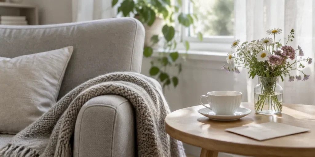 Ljusgrå fåtölj med stickad filt bredvid ett runt ekbord med tekopp, blomvas och ett kuvert vid ett fönster i ett ljust vardagsrum