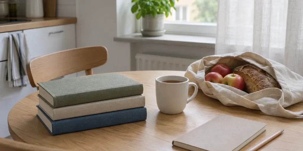 Litet kök i en ljus studentlägenhet med en trave kursböcker, en kopp te, en tygpåse med matvaror och ett anteckningsblock på ett runt träbord