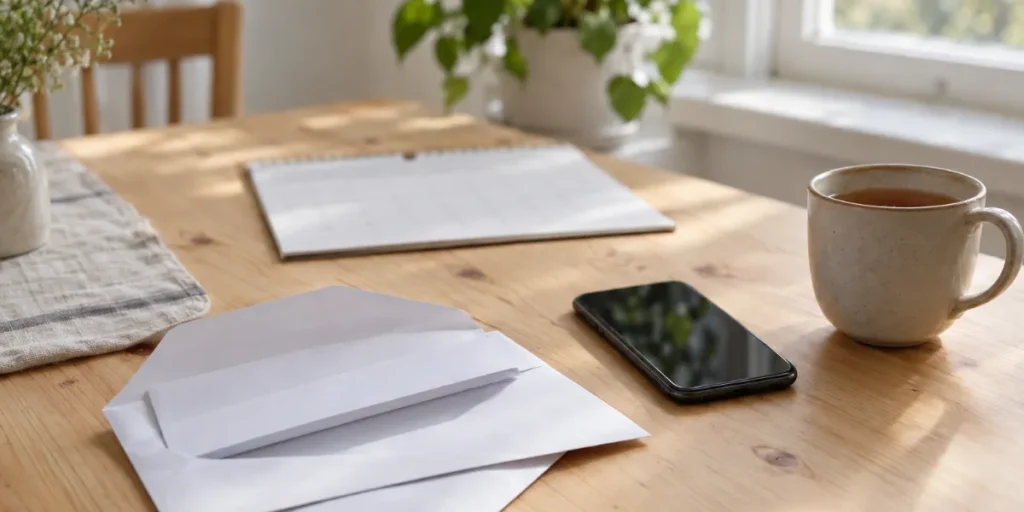 Öppnade kuvert med lönebesked, en väggkalender i papper, en mobiltelefon och en tekopp på ett köksbord i ljust trä vid ett fönster