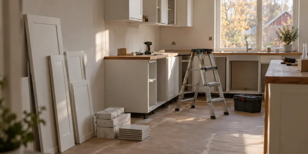 Kök under renovering med vita skåpluckor lutade mot väggen, kakelkartonger på golvet, en stege och en verktygslåda vid en halvfärdig bänkskiva