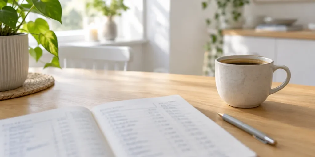 Anteckningsbok med hushållsbudget, penna och kaffekopp på ett ljust träbord